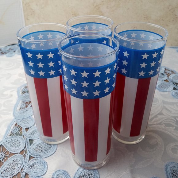 Dining Vintage Tom Collins Glasses Set Of 4 Red White Blue Stars
